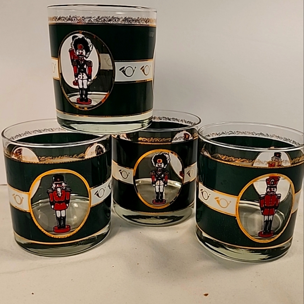 Vtg CUTLER Old Fashioned Glasses x 4 Toy Soldier 3.5" Whiskey Christmas Barware